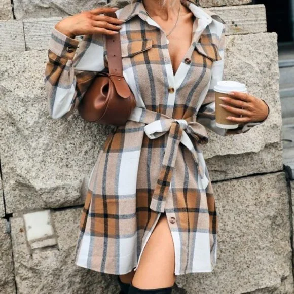 Modern casual Plaid Single Breasted Belted Shirt D - Picture 2 of 6